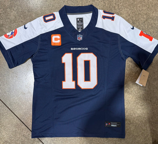 Denver Broncos Bo Nix Jersey # 10 Blue White with Captain Patch replica