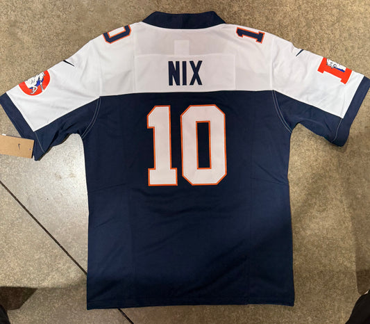 Denver Broncos Bo Nix Jersey # 10 Blue White with Captain Patch replica