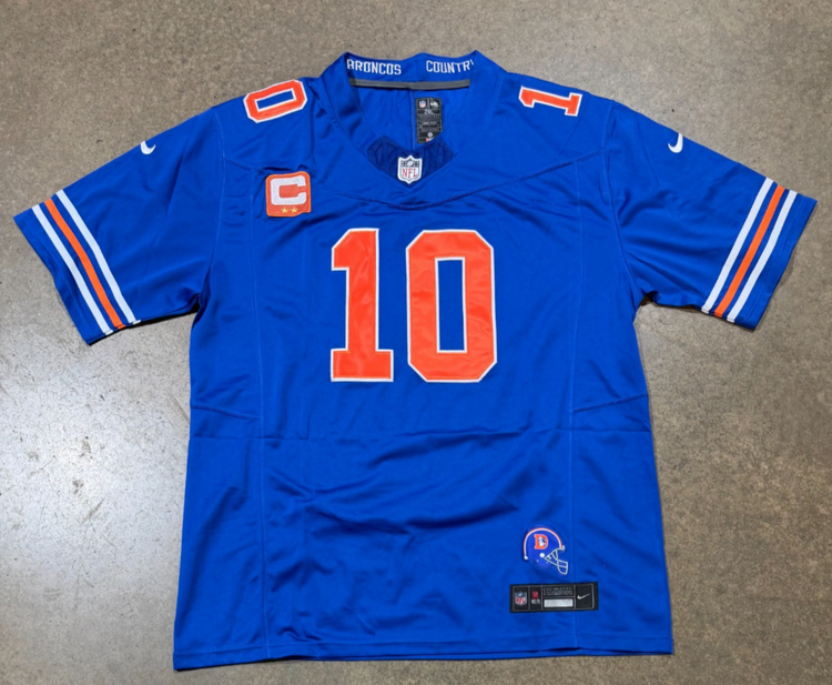 Denver Broncos Bo Nix Jersey # 10 Orange Royal Blue with Captain Patch replica