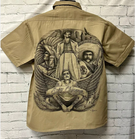DGA Work Shirt Soy Chicano Khaki Button up Lowrider Art David Gonzales