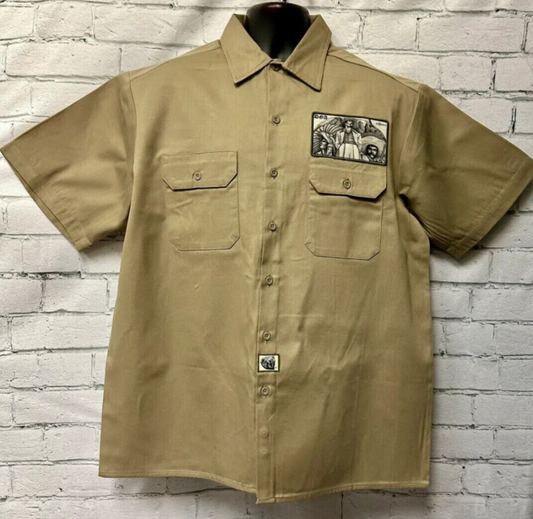 DGA Work Shirt Soy Chicano Khaki Button up Lowrider Art David Gonzales