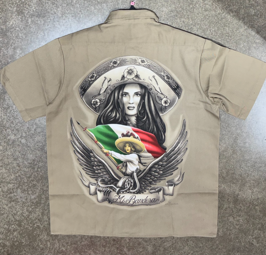 DGA Work Shirt Mi Bandera Khaki Button up Lowrider Art David Gonzales