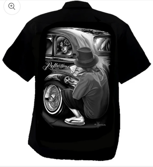 DGA Work Shirt Reflections Black Button up Lowrider Art David Gonzales