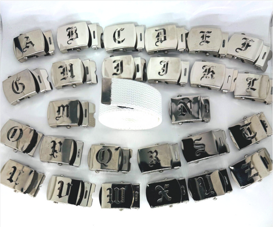 Canvas White Web Military Belt & Chrome Buckle Old English A-Z 60 " 70 " 80 " 90" (Copy)