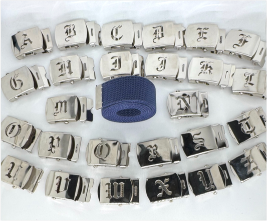 Canvas Navy Blue Web Military Belt & Chrome Buckle Old English A-Z 60 " 70 " 80 " 90" (Copy) (Copy) (Copy)