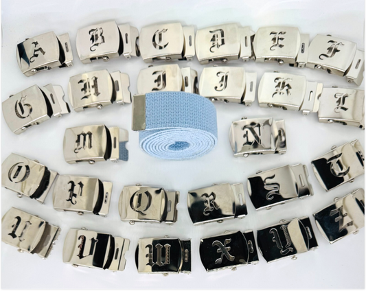 Canvas Light Baby Blue Web Military Belt & Chrome Buckle Old English A-Z 60 " 70 " 80 " 90" (Copy) (Copy) (Copy) (Copy) (Copy) (Copy) (Copy)