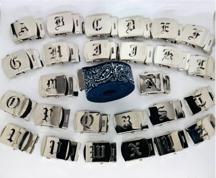 Canvas Bandana Navy Blue Web Military Belt & Chrome Buckle Old English A-Z 60 " 70 " 80 " 90" (Copy) (Copy) (Copy) (Copy) (Copy) (Copy) (Copy) (Copy)
