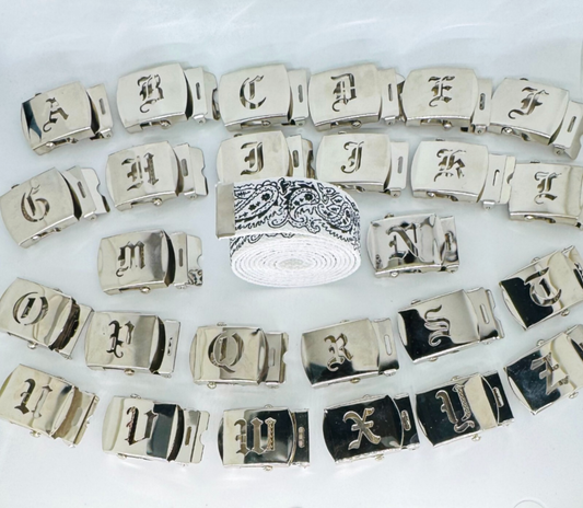 Canvas Bandana White Web Military Belt & Chrome Buckle Old English A-Z 60 " 70 " 80 " 90" (Copy) (Copy) (Copy) (Copy) (Copy) (Copy) (Copy) (Copy) (Copy)