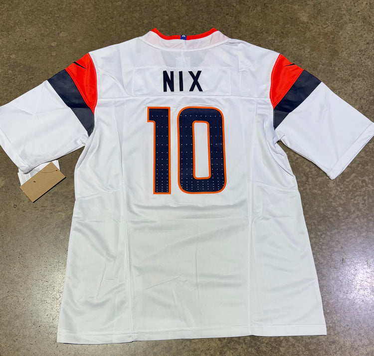 Denver Broncos Bo Nix Jersey # 10 White Men with Captain Patch
