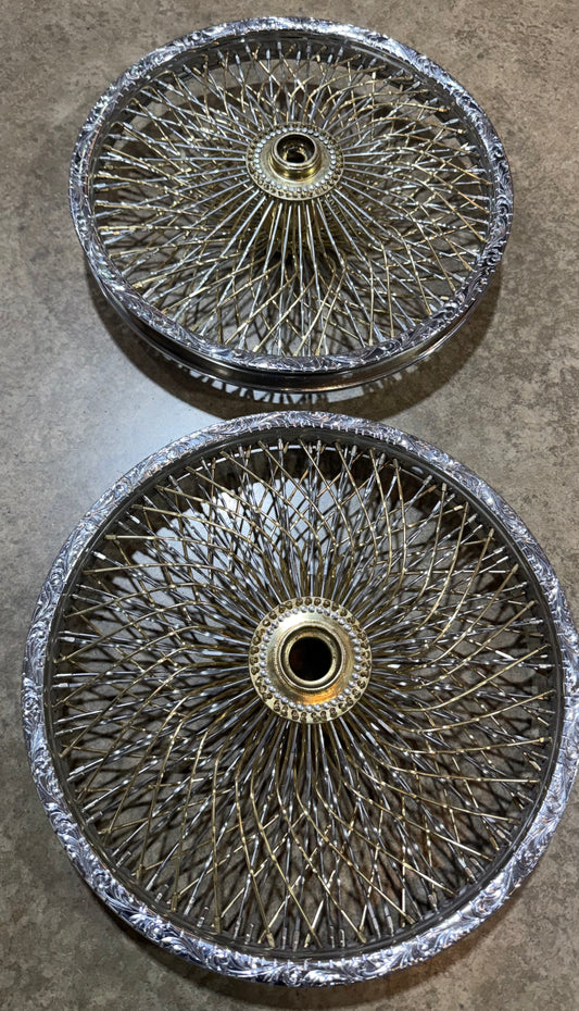 set of 2 16" Engraved Radically Laced Chrome and Gold 144 spoke wheels
