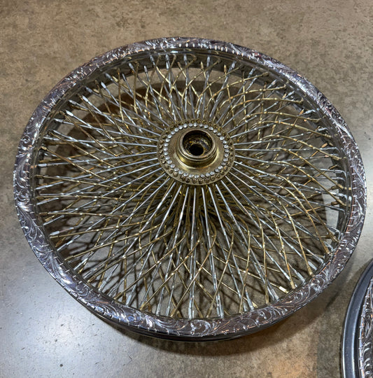 set of 2 16" Engraved Radically Laced Chrome and Gold 144 spoke wheels