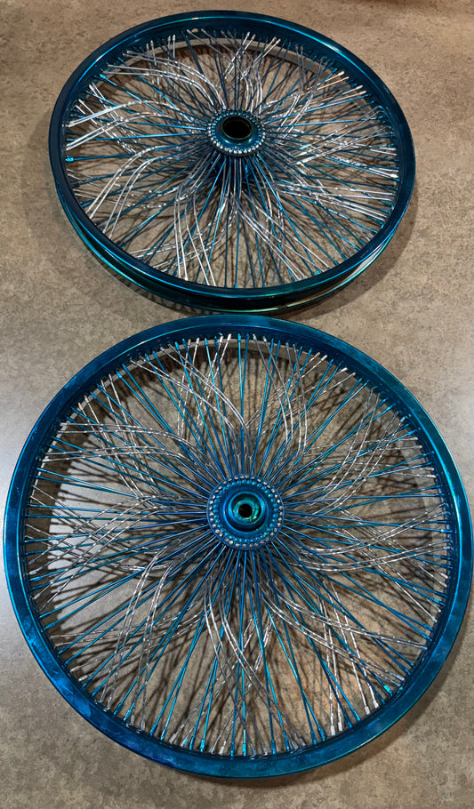set of 2 20" Radically Laced Chrome and Blue 144 spoke wheels