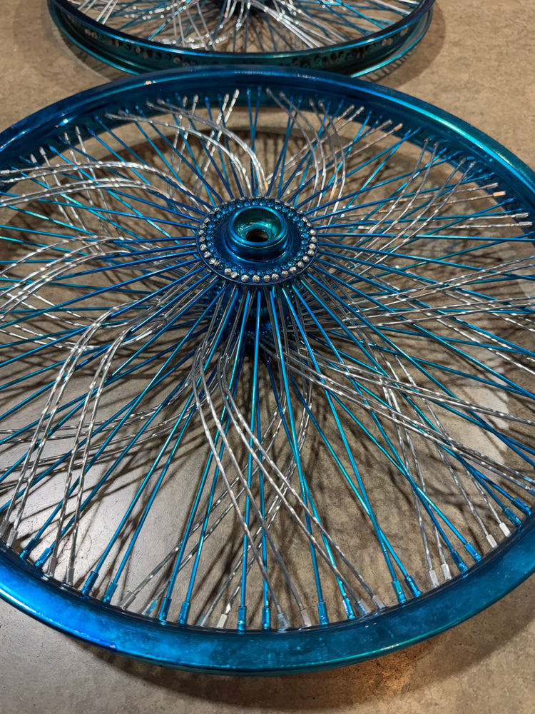 set of 2 20" Radically Laced Chrome and Blue 144 spoke wheels