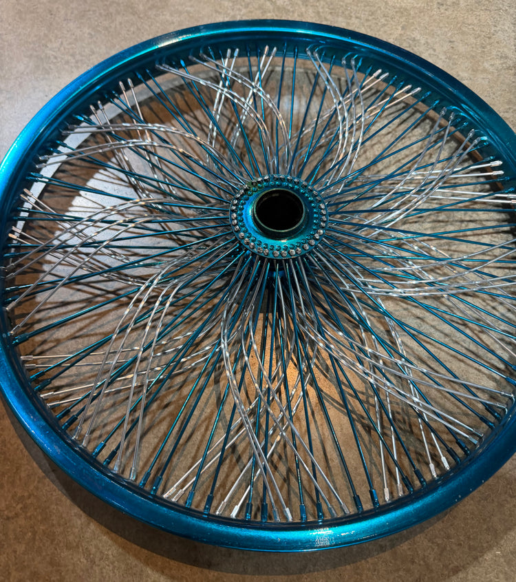set of 2 20" Radically Laced Chrome and Blue 144 spoke wheels