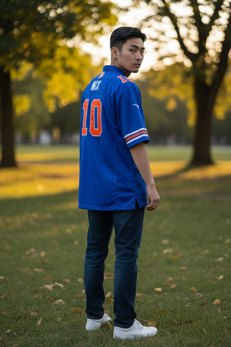 Denver Broncos Bo Nix Jersey # 10 Orange Royal Blue with Captain Patch replica