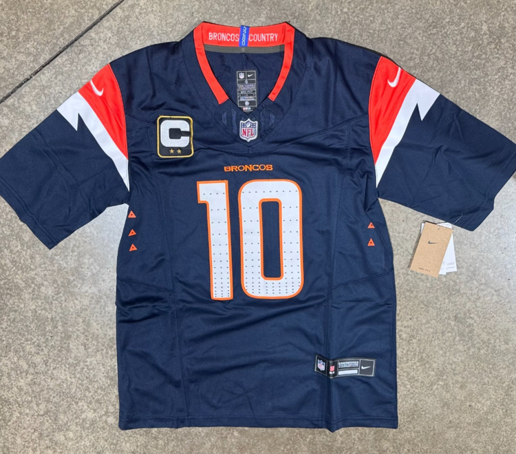 Denver Broncos Bo Nix Jersey # 10 Blue Men with Captain Patch