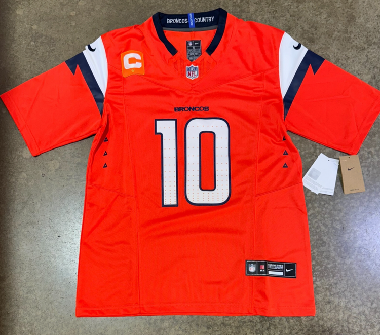 Denver Broncos Bo Nix Jersey # 10 Orange with Captain Patch
