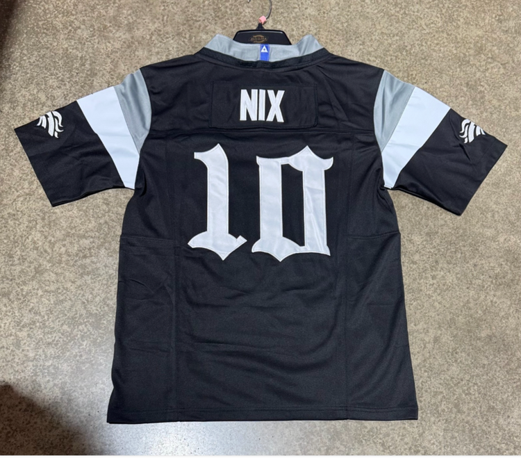 Denver Broncos Bo Nix Jersey # 10 Black Mens with Captain Patch old english
