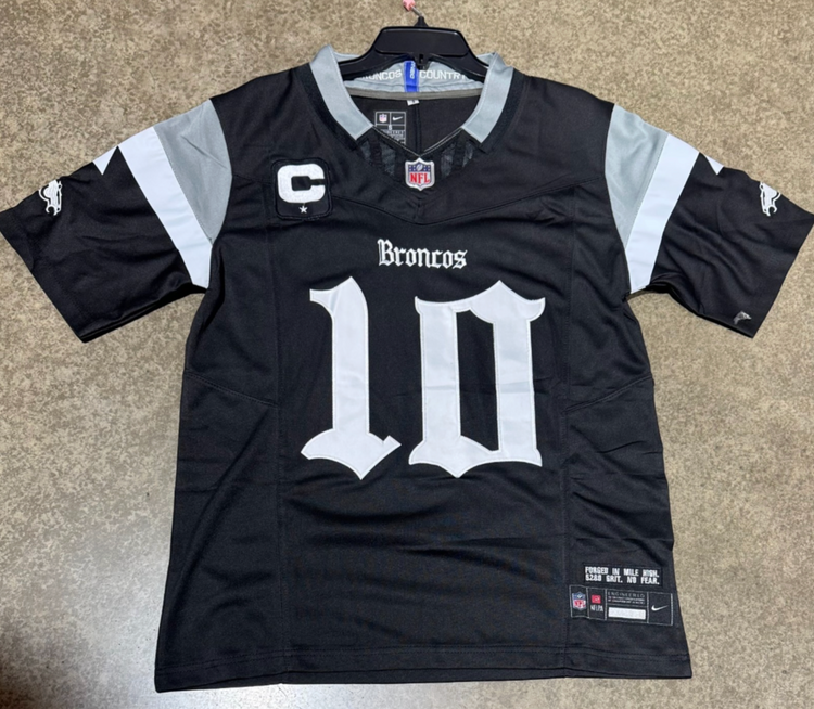 Denver Broncos Bo Nix Jersey # 10 Black Mens with Captain Patch old english