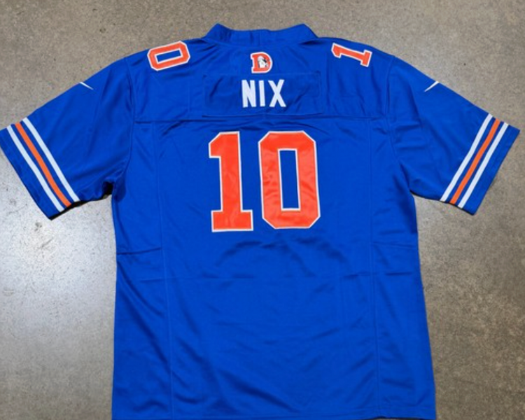 Denver Broncos Bo Nix Jersey # 10 Orange Royal Blue with Captain Patch replica