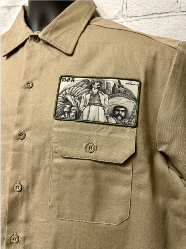 DGA Work Shirt Soy Chicano Khaki Button up Lowrider Art David Gonzales