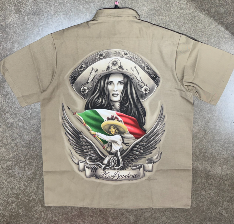 DGA Work Shirt Mi Bandera Khaki Button up Lowrider Art David Gonzales