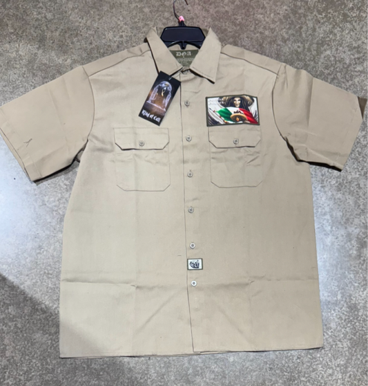 DGA Work Shirt Mi Bandera Khaki Button up Lowrider Art David Gonzales