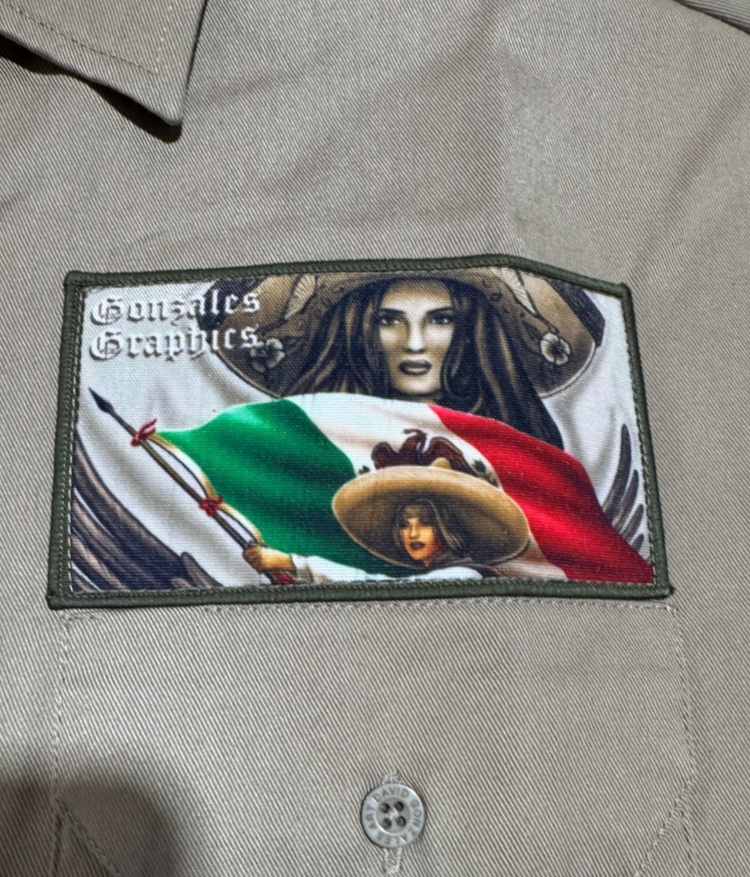 DGA Work Shirt Mi Bandera Khaki Button up Lowrider Art David Gonzales