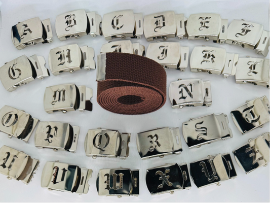 Canvas Brown Web Military Belt & Chrome Buckle Old English A-Z 60 " 70 " 80 " 90" (Copy) (Copy)