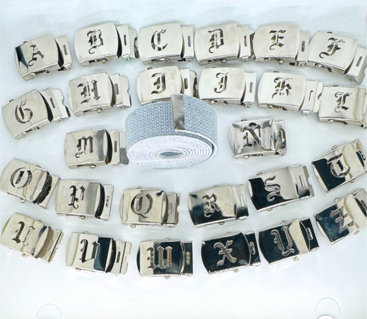 Canvas Grey Web Military Belt & Chrome Buckle Old English A-Z 60 " 70 " 80 " 90" (Copy) (Copy) (Copy)