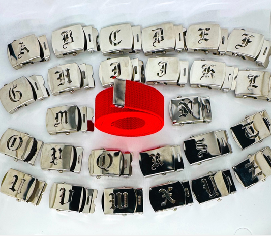 Canvas Red Web Military Belt & Chrome Buckle Old English A-Z 60 " 70 " 80 " 90" (Copy) (Copy) (Copy) (Copy)