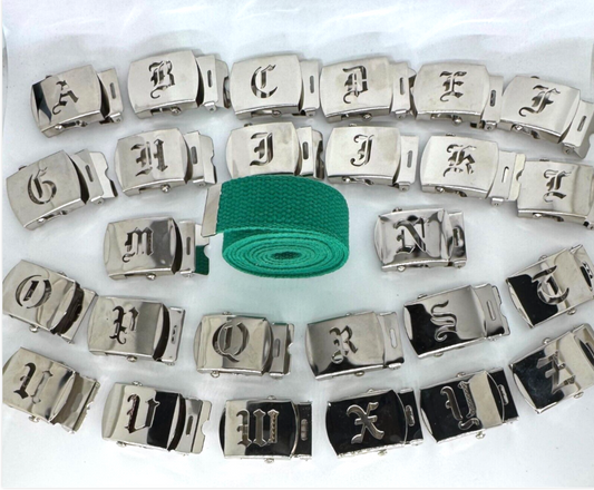 Canvas Green Web Military Belt & Chrome Buckle Old English A-Z 60 " 70 " 80 " 90" (Copy) (Copy) (Copy) (Copy) (Copy)