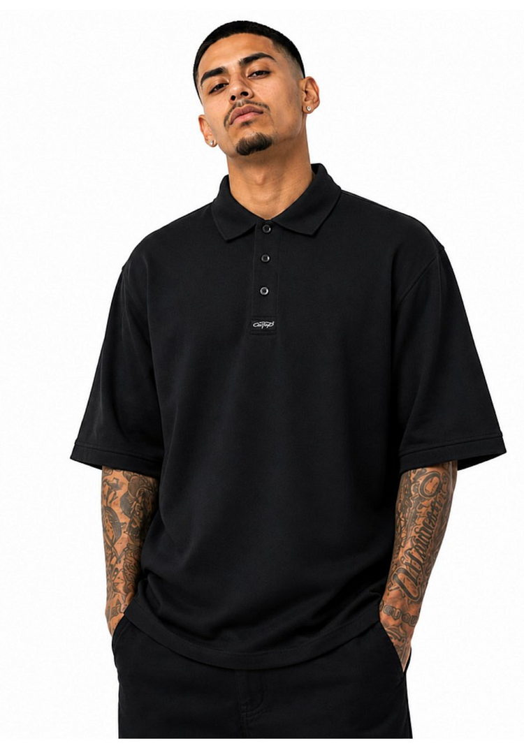 CAL TOP Black Shirt Short Sleeve Polo Button Front Old School solid (Copy)