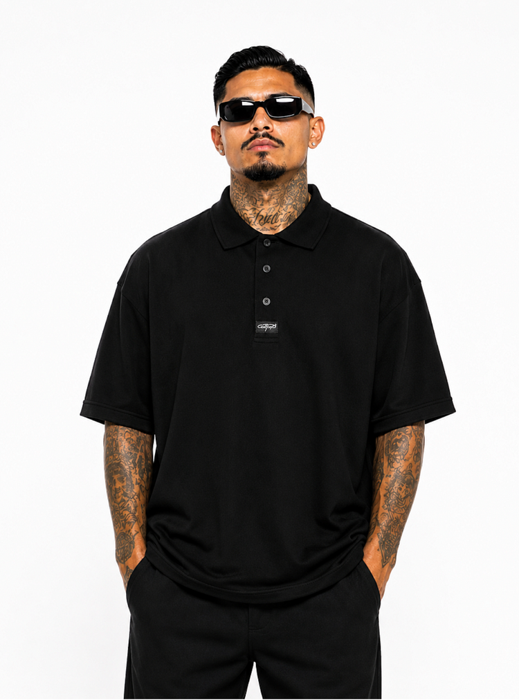 CAL TOP Black Shirt Short Sleeve Polo Button Front Old School solid (Copy)