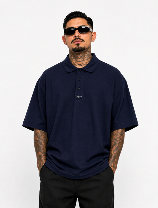 CAL TOP Navy Shirt Short Sleeve Polo Button Front Old School solid