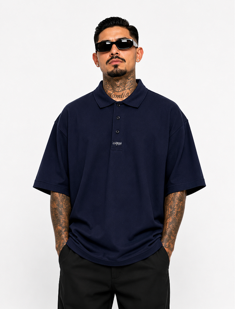 CAL TOP Navy Shirt Short Sleeve Polo Button Front Old School solid