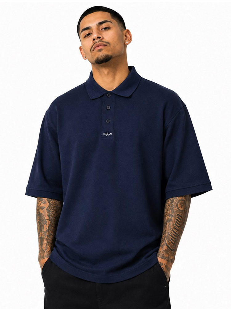 CAL TOP Navy Shirt Short Sleeve Polo Button Front Old School solid