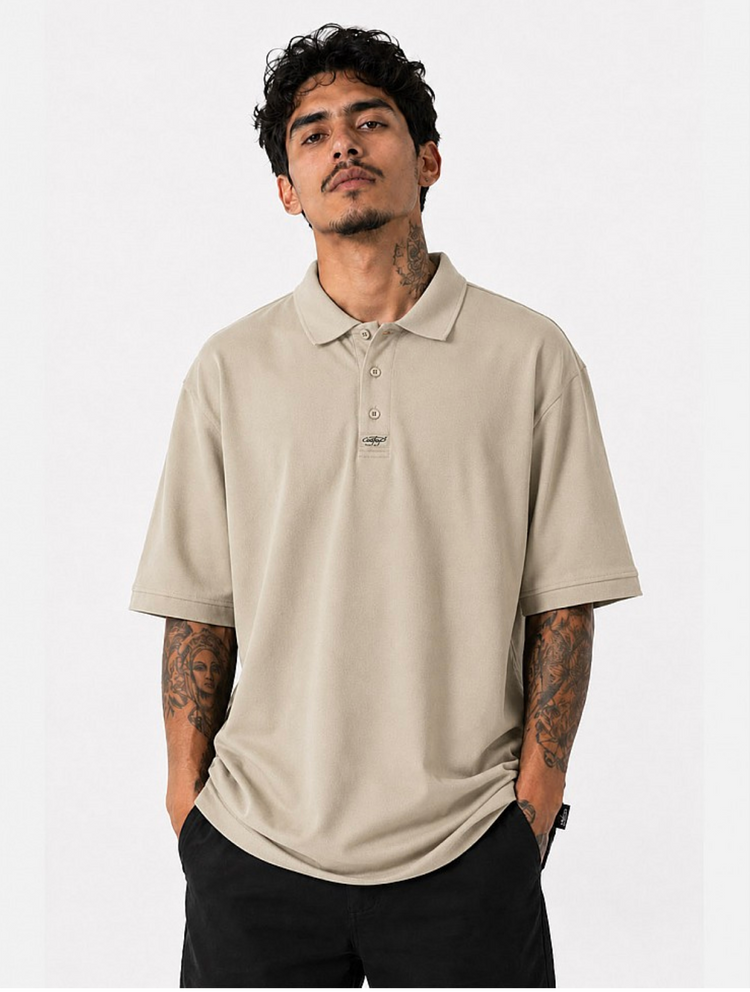 CAL TOP Khaki Shirt Short Sleeve Polo Button Front Old School solid