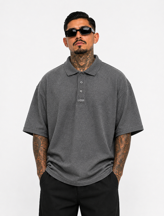 CAL TOP Dark Grey Shirt Short Sleeve Polo Button Front Old School solid