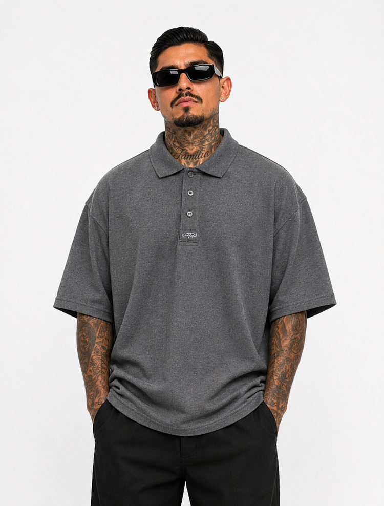 CAL TOP Dark Grey Shirt Short Sleeve Polo Button Front Old School solid