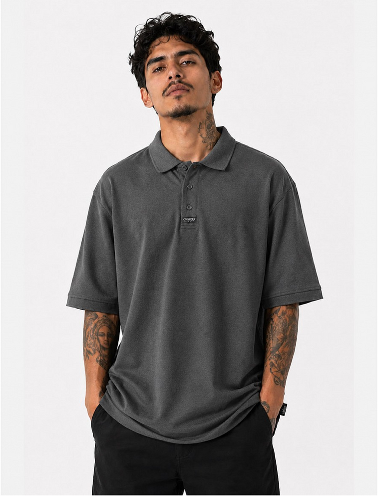 CAL TOP Dark Grey Shirt Short Sleeve Polo Button Front Old School solid