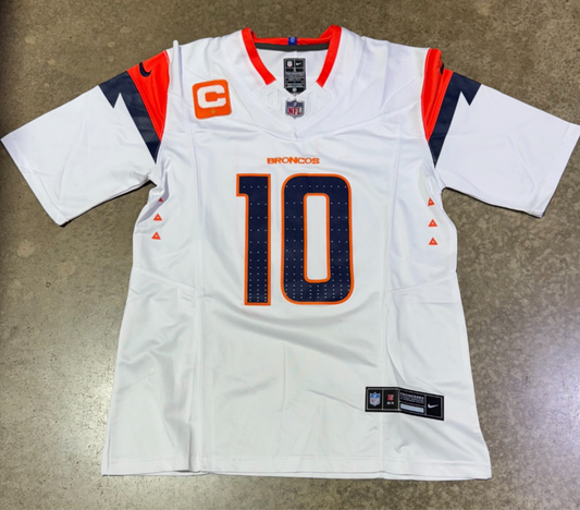 Denver Broncos Bo Nix Jersey # 10 White Men with Captain Patch
